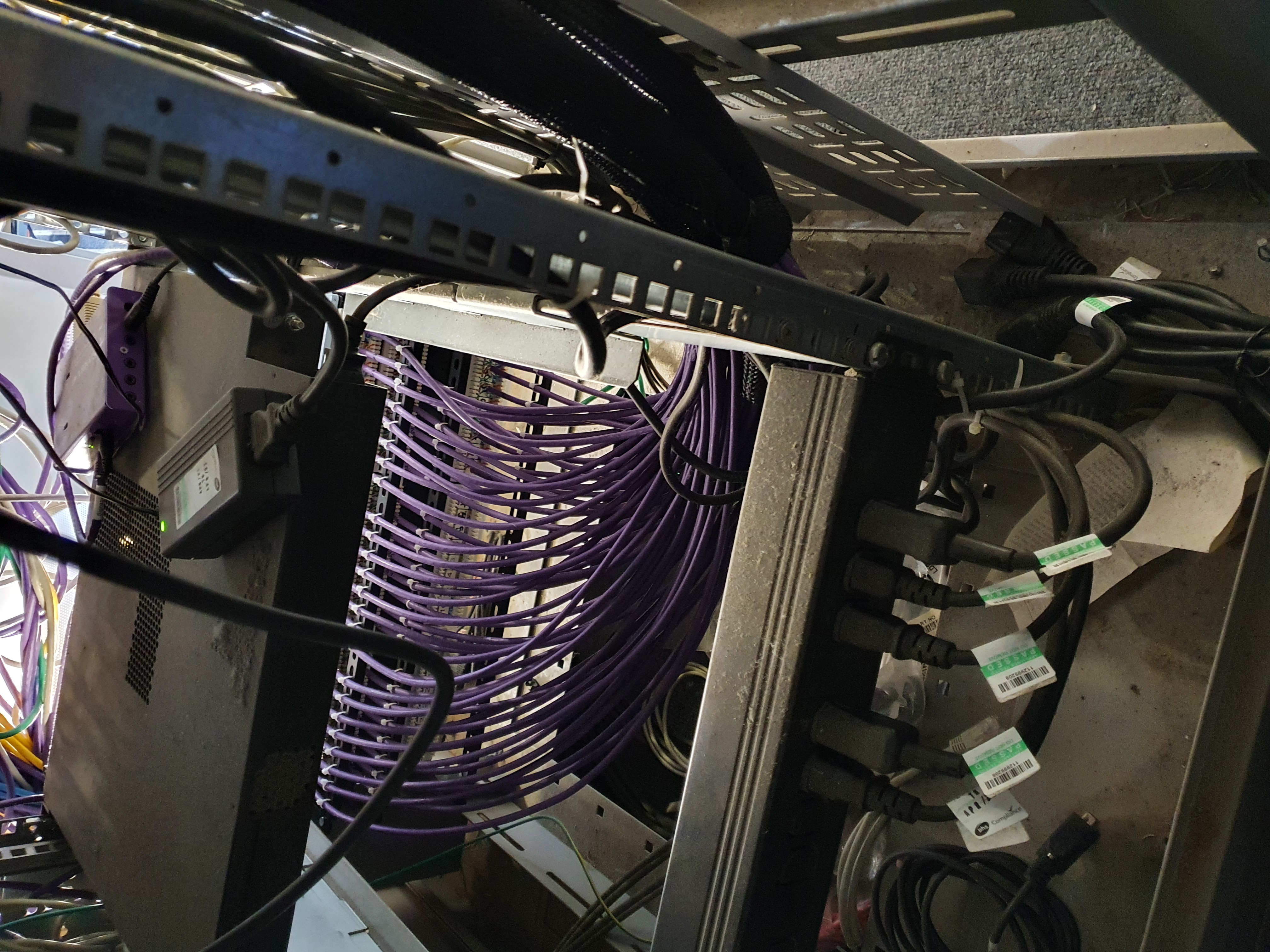 Server rack with purple patch cables